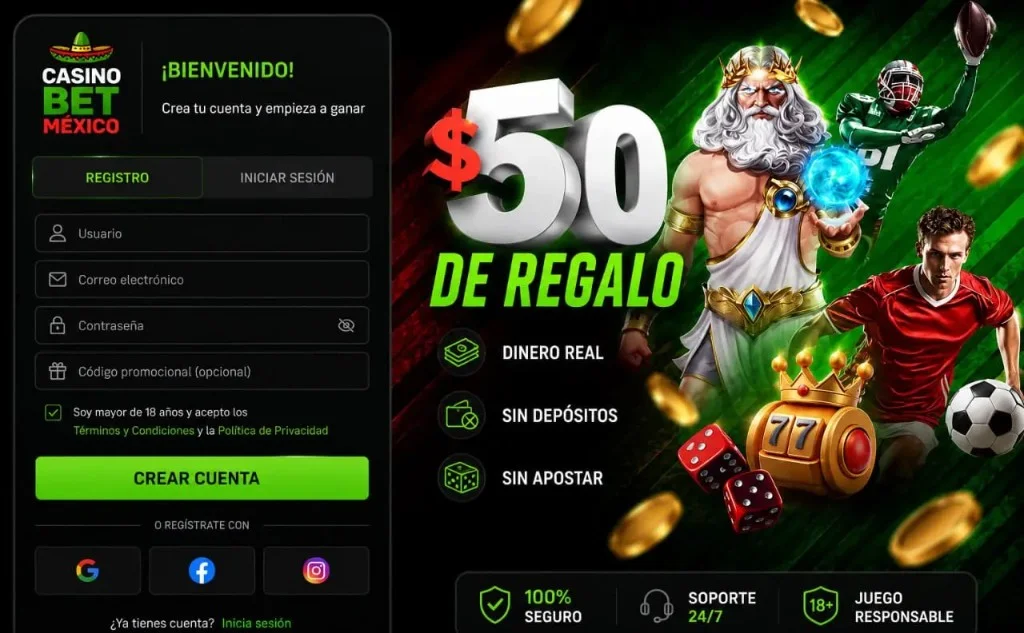 Casino Bet México: bienvenida, registro e inicio de sesión; formulario ilustrativo; $50 de regalo, Zeus, deportes y tragamonedas; 100% seguro, soporte 24/7, juego responsable 18+.