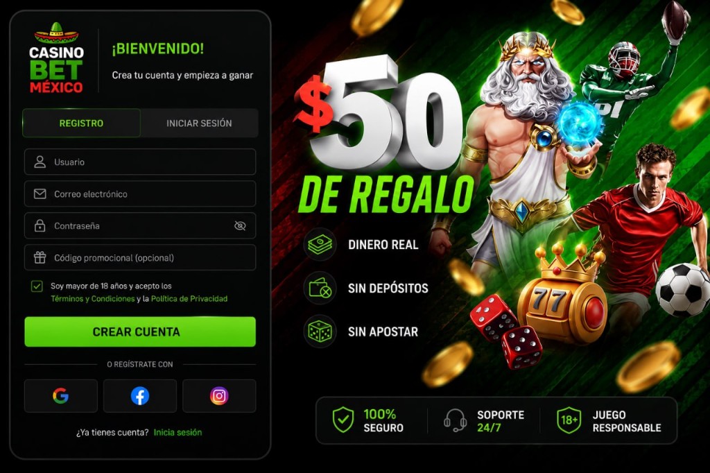Ilustración promocional: registro, bono de bienvenida y juego responsable 18+.