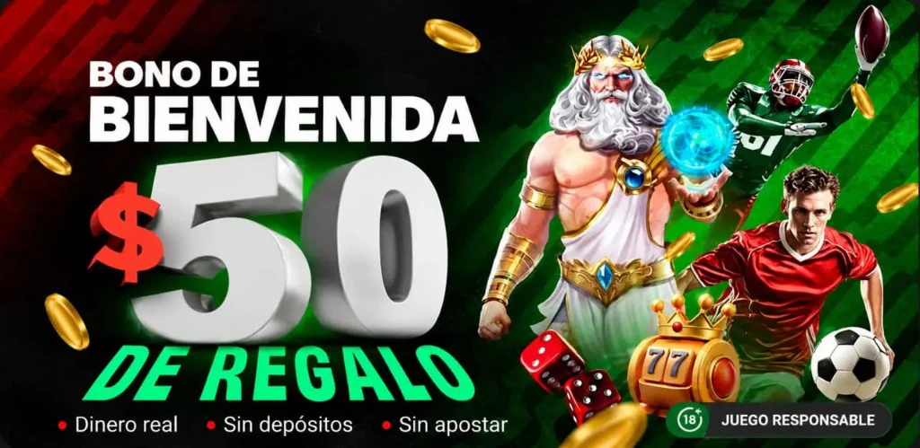 Bono de bienvenida $50 de regalo: mitología, deportes, dados y tragamonedas. Texto promocional; juego responsable 18+.