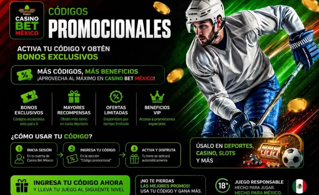 Casino Bet México: códigos promocionales, activa tu código y obtén bonos exclusivos; más códigos más beneficios; cómo usar tu código en tres pasos; deportes, casino, slots; hockey y tragamonedas 777. Juego responsable 18+.
